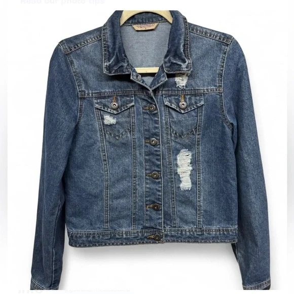 Highway Jeans Distressed Denim Jacket - Medium - Medium Wash Cropped Trucker - Picture 2 of 7